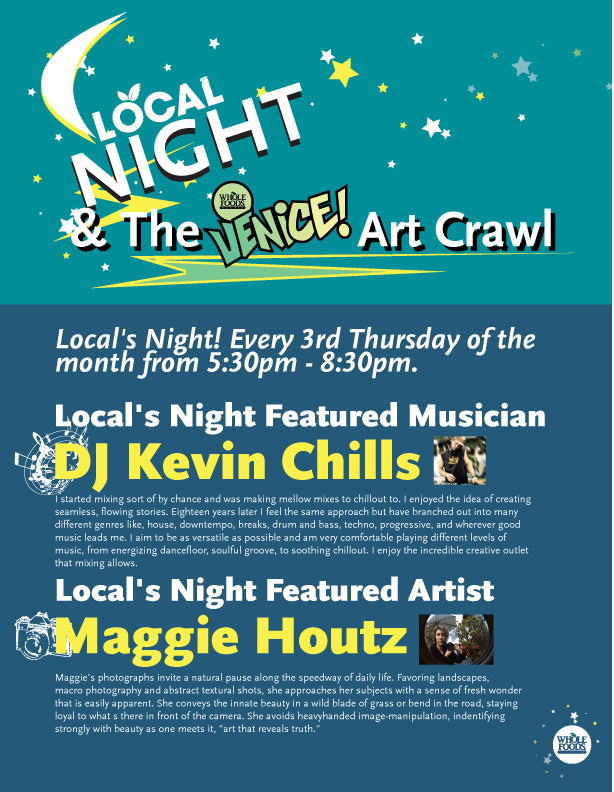 Flyer for upcoming Locals Night at Whole Foods with Maggie Houtz & DJ Kevin Chills