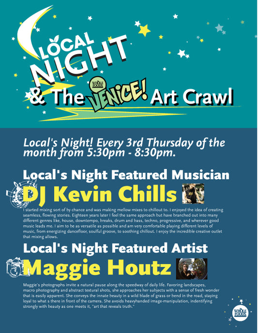 Flyer for upcoming Locals Night at Whole Foods with Maggie Houtz & DJ Kevin Chills